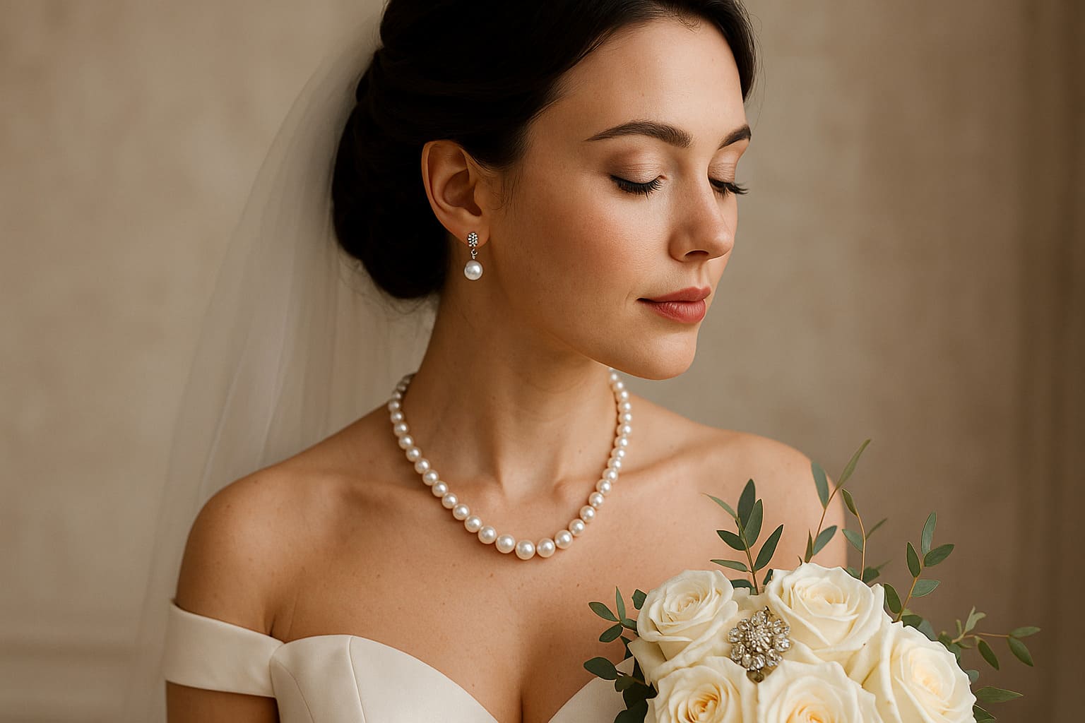 Mireasa purtand colier elegant cu perle